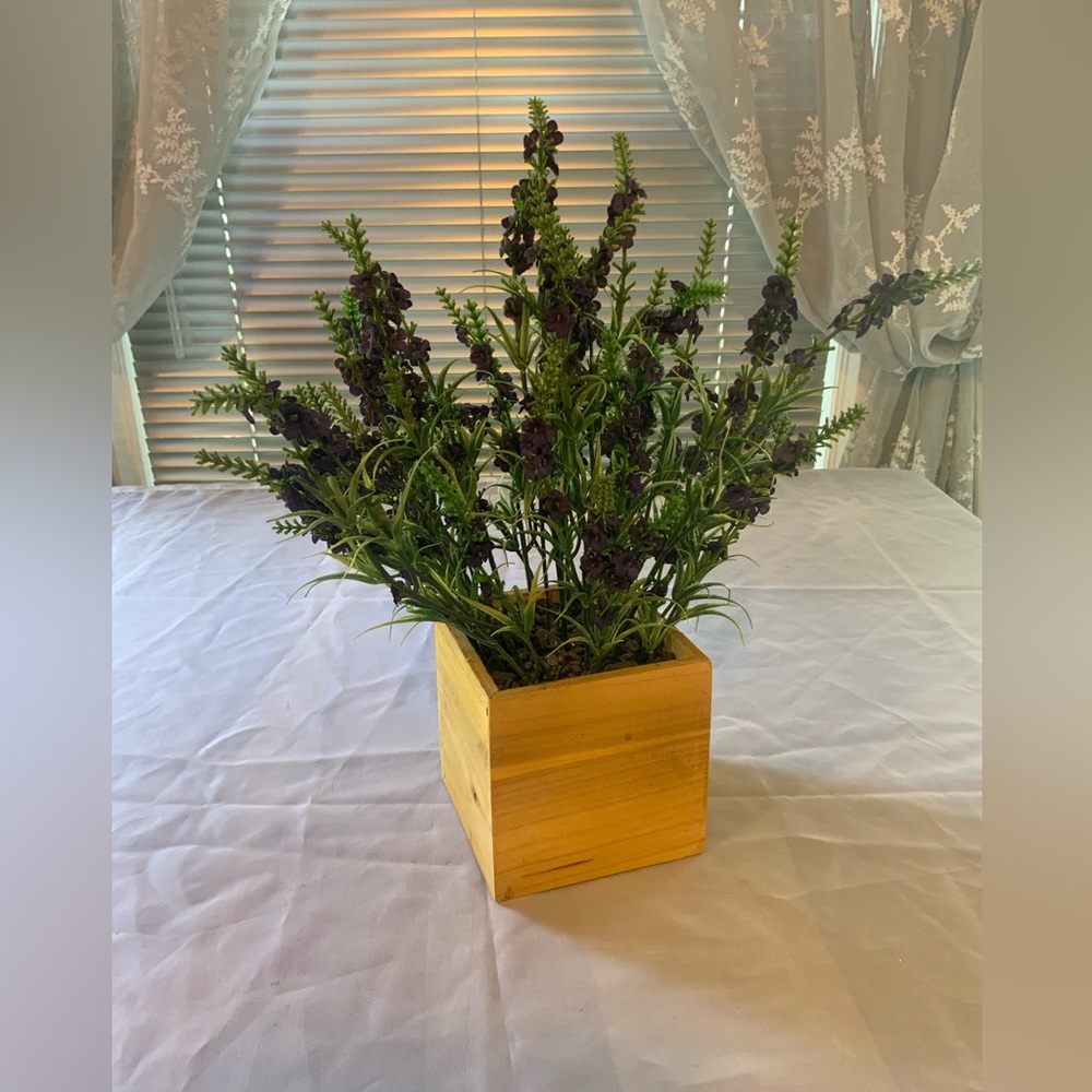 Wooden Planter with Purple lavender Flowers center piece or accent